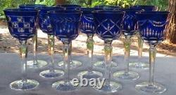 Set of 11 Quality Bohemian Cobalt Blue Cut to Clear Wine Goblets Mixed Design
