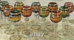 Set of 11 Tall Moser Czech Gold Multi Colored Crystal Red Green Orange Glasses