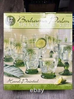 Set of 12 Piece Bahama Palm Tree Drinkware Etched Glasses Handpainted NIB