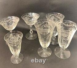 Set of 12 Vintage Etched Stemware Floral & Leaf Design Wine Glasses. 5 Plates