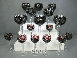 Set of 16 Czech Bohemian Ruby Red Cut to Clear Water Wine Cordial Glasses. MINT