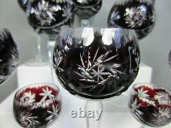 Set of 16 Czech Bohemian Ruby Red Cut to Clear Water Wine Cordial Glasses. MINT