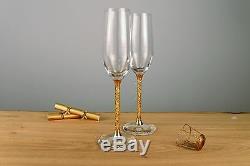 Set of 24ct Gold Leaf Filled Stem Glasses 2 Champagne Flutes 2 Wine Glasses