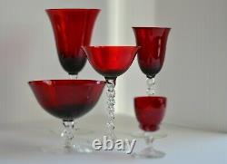 Set of 29 Vintage Footed Red/ Ruby/ Clear Twist Stems Crystal Wine Glasses
