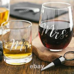 Set of 2 His & Her Whisky & Wine Glass Set Stopper Drink Glasses Box Gift Scotch