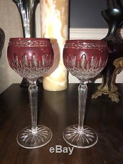 Set of 2 Waterford Crystal CLARENDON Wine Hocks Goblets Ruby Red Cut to Clear 8