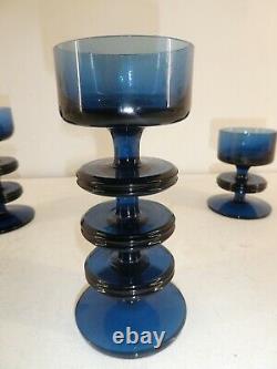 Set of 3 Wedgwood Sheringham Blue Glass Ronald Stennett Wilson Candlestick (A23)
