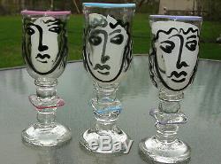 Set of 3 William Bernstein Picasso Two Face Art Glass Wine Goblets Signed