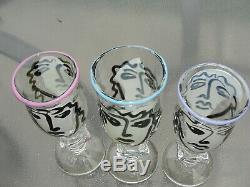 Set of 3 William Bernstein Picasso Two Face Art Glass Wine Goblets Signed