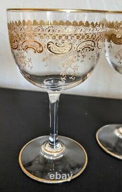 Set of 4 Antique Saint Louis Crystal Wine Glasses Gold Encrusted