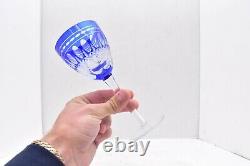 Set of 4 BLUE Wine Glasses Cut to Clear stemware 6.75 tall Bohemian Czech