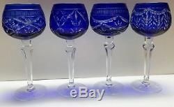 Set of 4 Blue Cased Hock Wine Glasses Royal Gallery Bohemian Cut to Clear New