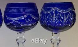 Set of 4 Blue Cased Hock Wine Glasses Royal Gallery Bohemian Cut to Clear New