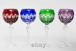 Set of 4 Czech Bohemian Cased Crystal 8 Tall Wine Goblet Glasses Cut to Clear