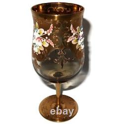 Set of 4 Czech Bohemian Hand Painted Water or Wine Goblets, 6 3/8 Tall Enamel