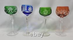 Set of 4 Hand Cut Bohemian Czech Crystal Multi Coloured Long Stem Wine Glasses