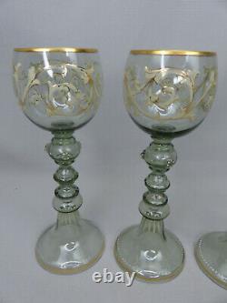 Set of 4 Moser Bohemian Handpainted Enamel Decorated Green Glass Wine Goblets