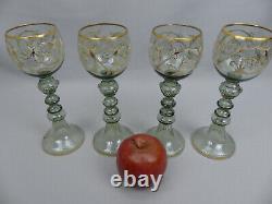 Set of 4 Moser Bohemian Handpainted Enamel Decorated Green Glass Wine Goblets