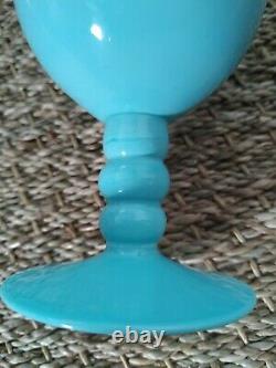 Set of 4 Vintage French Blue Opaline Milk Glass Footed Glasses Goblets