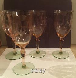 Set of 4 Vintage Pink and Green Depression Watermelon Wine Glasses 7 1/8 Tall