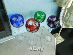 Set of 4 tall Vintage Bohemian Czech Cut Crystal multi color Wine Glass Goblets