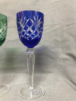 Set of 5 Bohemian Colored Cut-to-Clear Crystal Wine Goblets withHocks Stems