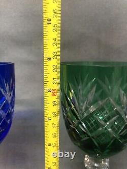 Set of 5 Bohemian Colored Cut-to-Clear Crystal Wine Goblets withHocks Stems