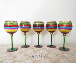 Set of 5 Colorful Hand-Blown Bohemian Crystal Wine Glasses Goblets Stemware
