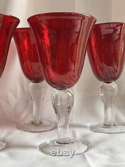 Set of 5 Pottery Barn Ruby Red Wine Water Goblets Glasses clear stem
