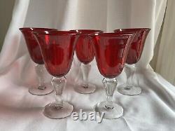 Set of 5 Pottery Barn Ruby Red Wine Water Goblets Glasses clear stem