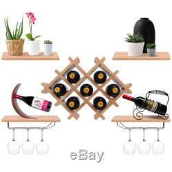 Set of 5 Wall Mount Wine Rack Set with Storage Shelves and Glass Holder Natural