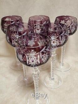 Set of 6 AJKA Hungary Marsala Amethyst Purple Wine Hocks, Etched Cut to Clear