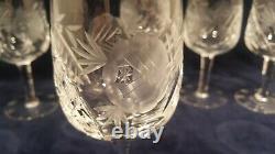 Set of 6 Antique Hand Blown & Cut Etched Long Stem Crystal Wine Glasses 8 oz