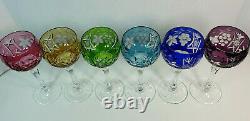 Set of 6 Bohemian Czech Multi-Color Crystal Cut to Clear Wine Glasses 7 5/8