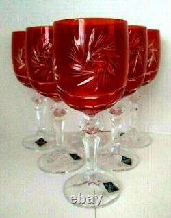 Set of 6 Bohemian Czech Ruby Red Hand Cut To Clear Crystal Wine Stem Goblets