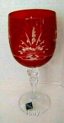 Set of 6 Bohemian Czech Ruby Red Hand Cut To Clear Crystal Wine Stem Goblets