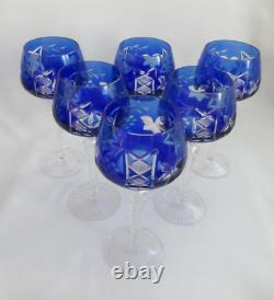 Set of 6 Cobalt Cut to Crystal 8 Hock Wine Glasses- Excellent