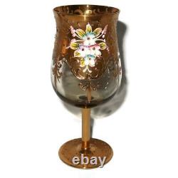 Set of 6 Czech Bohemian Hand Painted Water or Wine Goblets, 5 7/8 Tall Enamel