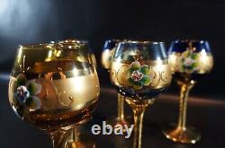 Set of 6 Emerald Color & Gold 24k Plated Wine Glasses Murano Italy