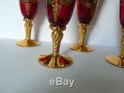 Set of 6 Italian Venetian Murano Glass Red Wine Glasses 24K Gold