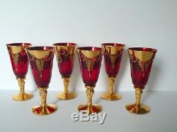 Set of 6 Italian Venetian Murano Glass Red Wine Glasses 24K Gold