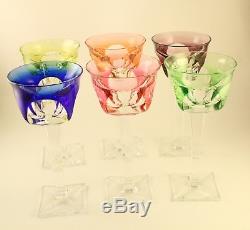 Set of 6 Moser Crystal Cut Art Glass Multi Color Wine Glasses Bristol Pattern