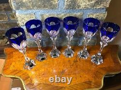 Set of 6 Saint Louis France Bristol Blue Cut Clear Crystal Wine Glasses