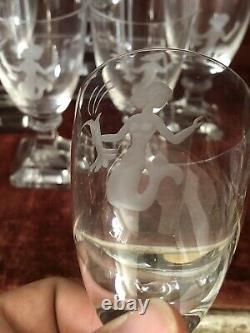 Set of 6 UNIDENTIFIED SIGNED Art Glass Nude Mermaid Etched Glass Cordial Wines