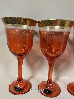 Set of 6 VTG Red Wine Glasses With Gold Trim & White Details Stem Italy New 8 H