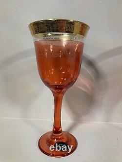 Set of 6 VTG Red Wine Glasses With Gold Trim & White Details Stem Italy New 8 H