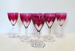 Set of 6 Val St Lambert Gevaert Crystal Wine Glasses Cranberry Red Cut To Clear