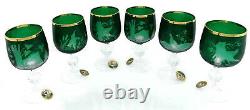 Set of 6 Wine Glasses 24 K GOLD GREEN Engraved BOHEMIA GLASS, Animals Hunters New