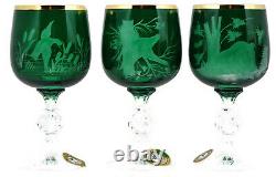 Set of 6 Wine Glasses 24 K GOLD GREEN Engraved BOHEMIA GLASS, Animals Hunters New