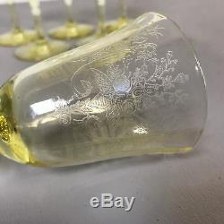 Set of 6 Yellow Vaseline Glass Fostoria Sherry Wine Glass